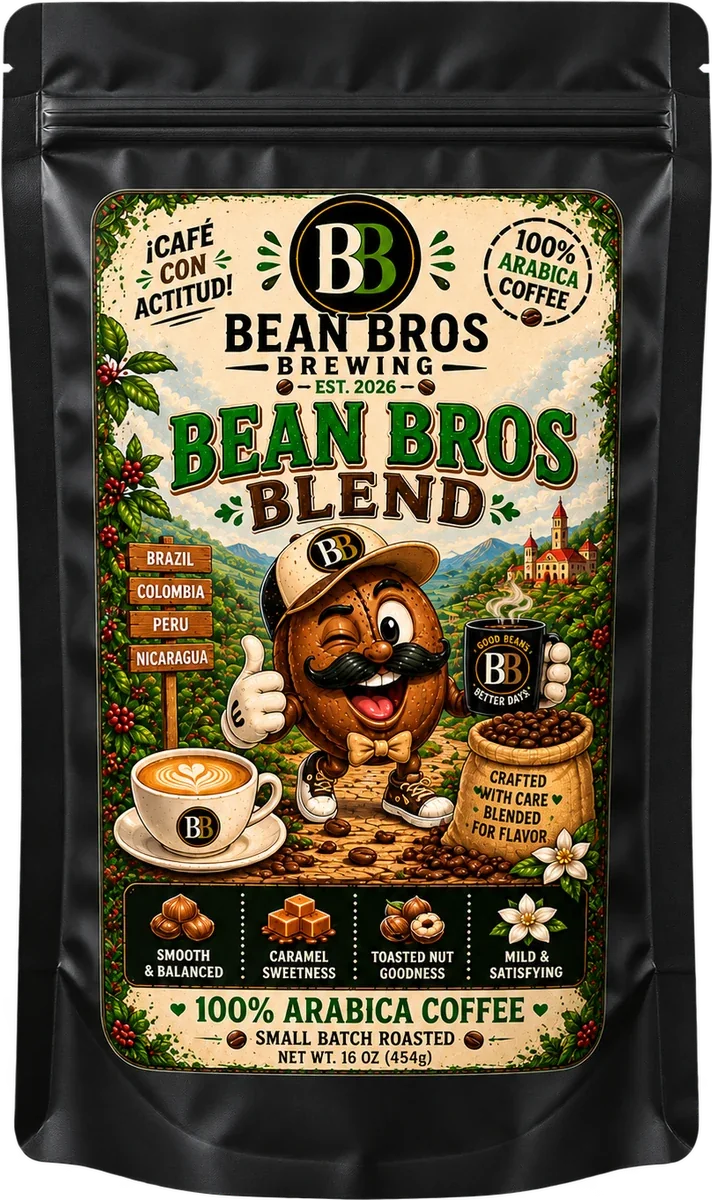 Bean Bros Blend in our illustrated black coffee bag