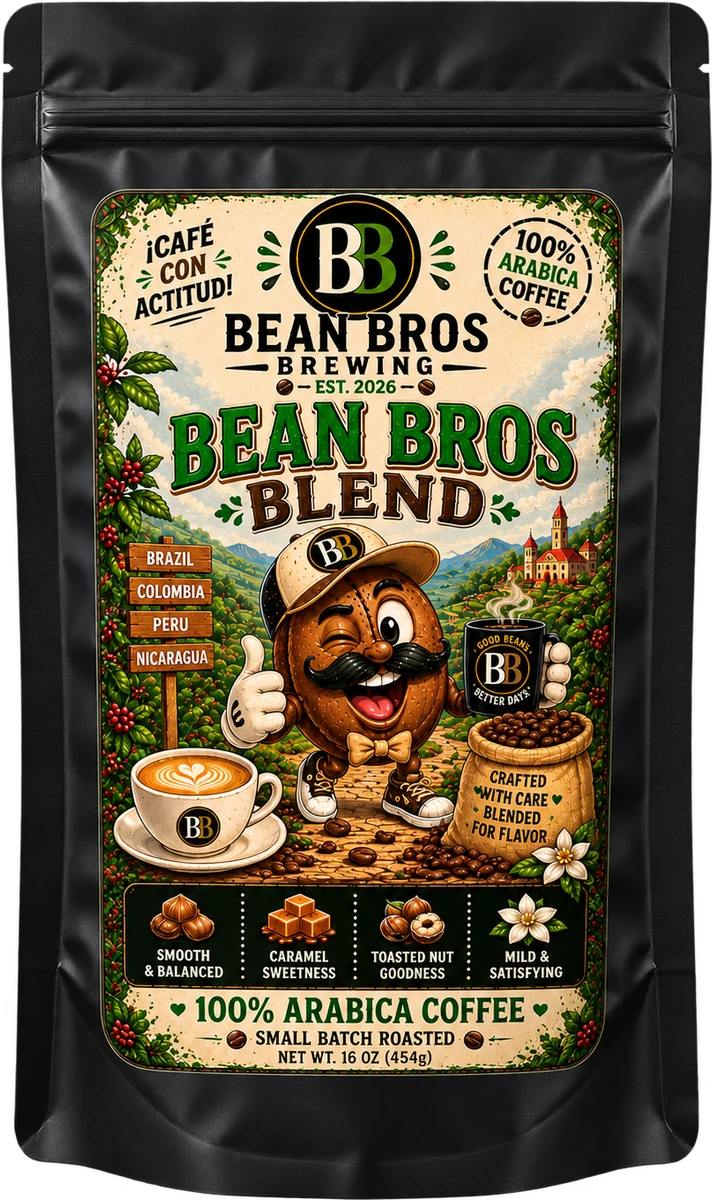 Bean Bros Blend in our illustrated black coffee bag