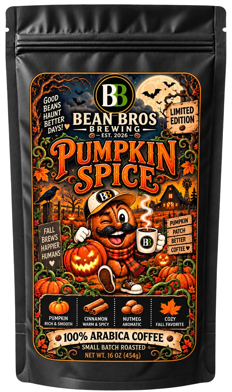 Bean Bros Pumpkin Spice 1 lb coffee bag with Halloween label