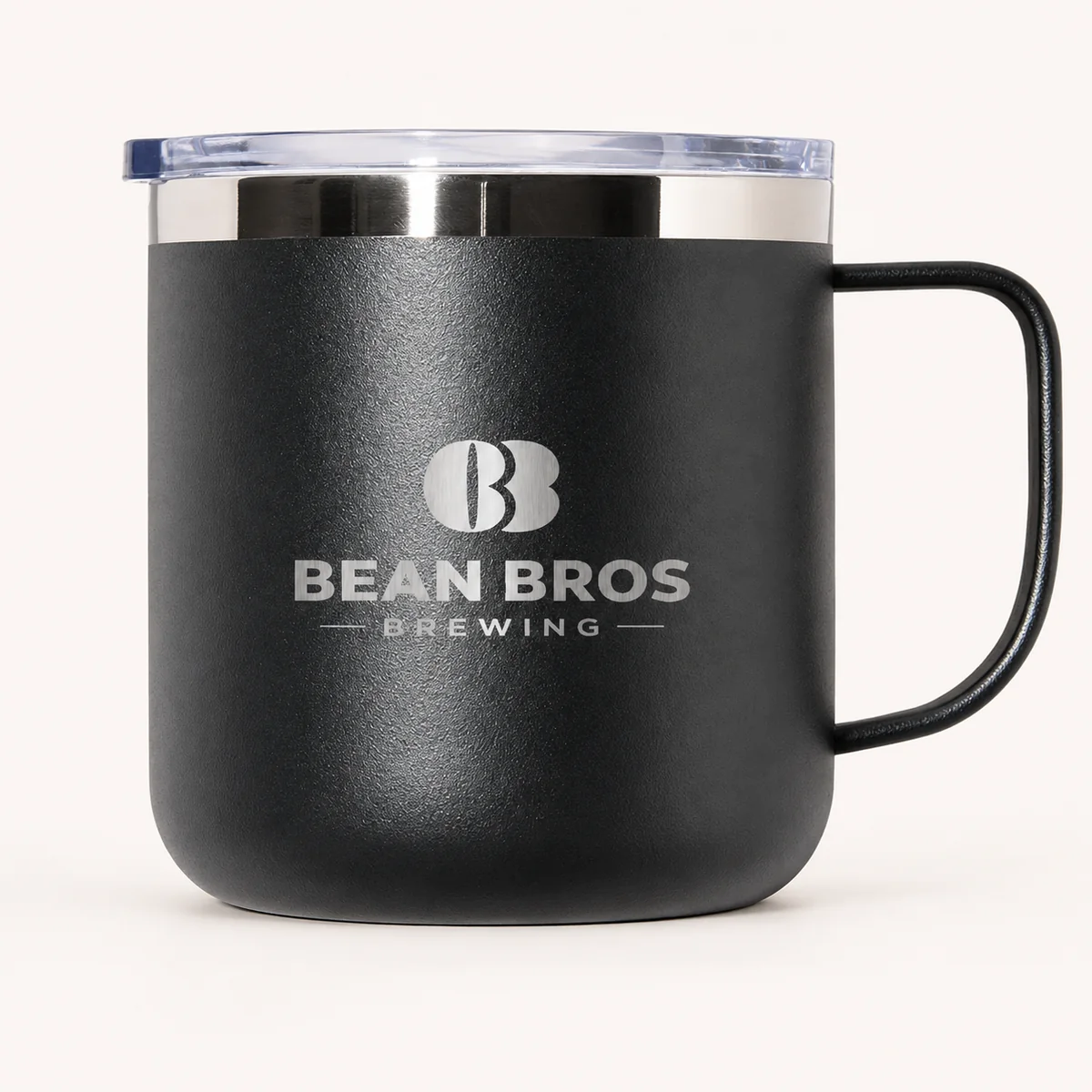Black Bean Bros travel mug with silver logo and clear lid