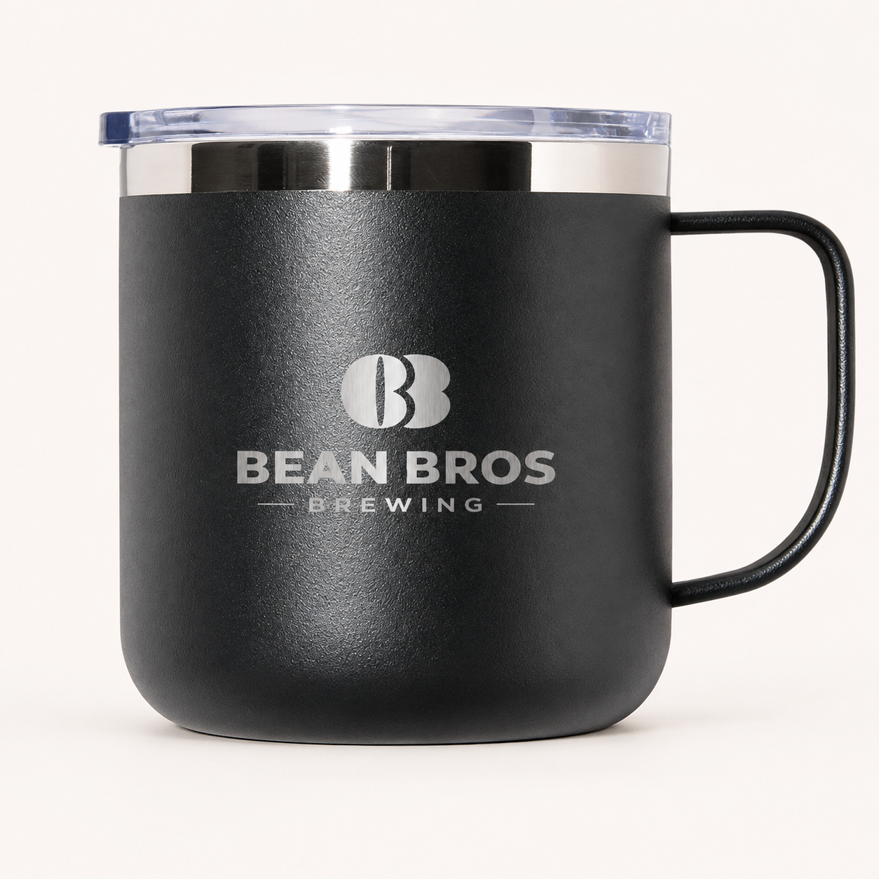 Black Bean Bros travel mug with silver logo and clear lid